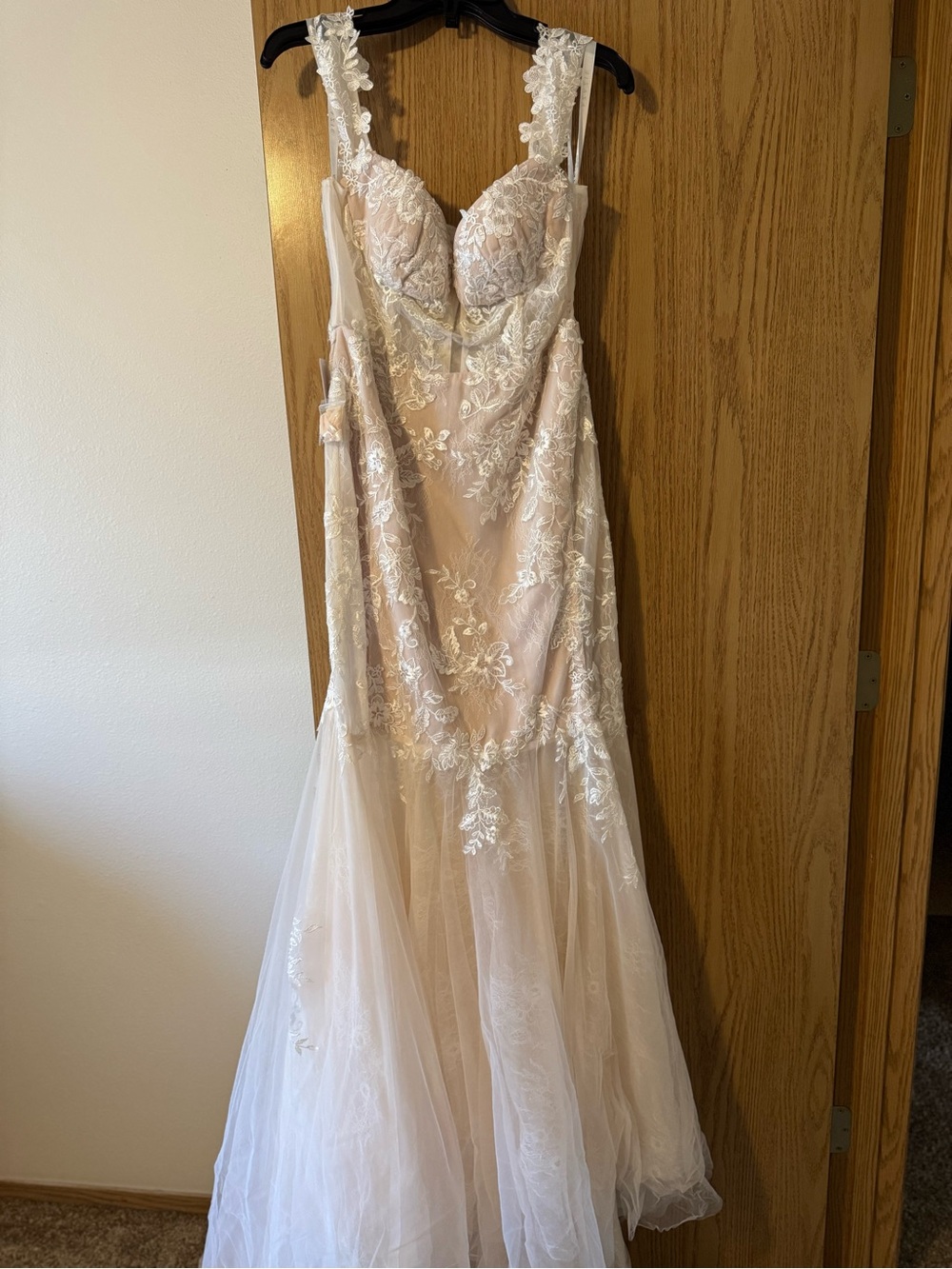 Azazie Blush and Ivory Lace Wedding Dress
